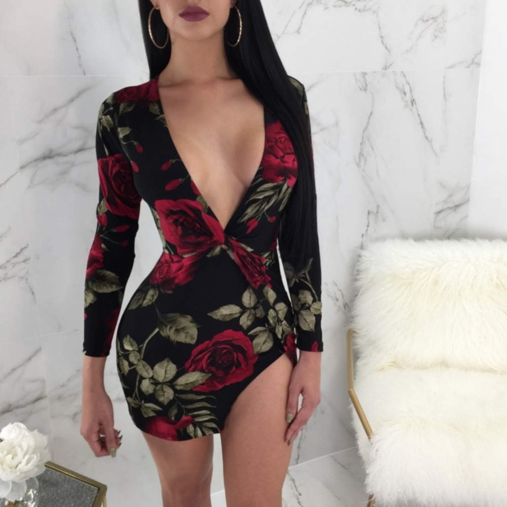 Black mini dress with rose print